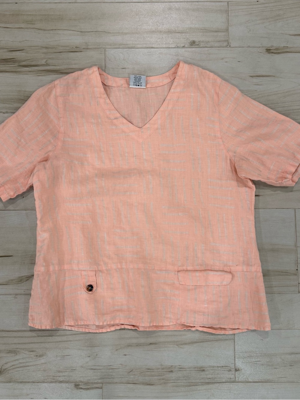 Click 100% Linen Peach Cream Striped V-Neck Top Medium Coastal Summer